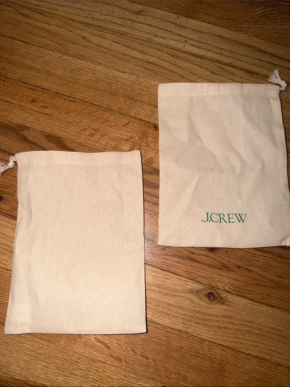 J. Crew Cream Canvas Drawstring Pouches with Green Logo (Set of 2) NEW